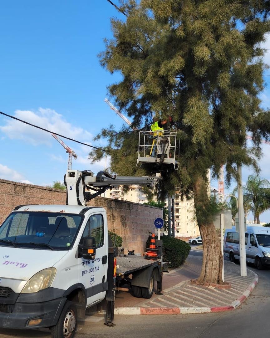 צוות העירייה משדגים את המרחב הציבורי - משאית ועליה עובדים אשר מטפלים בצמחיה