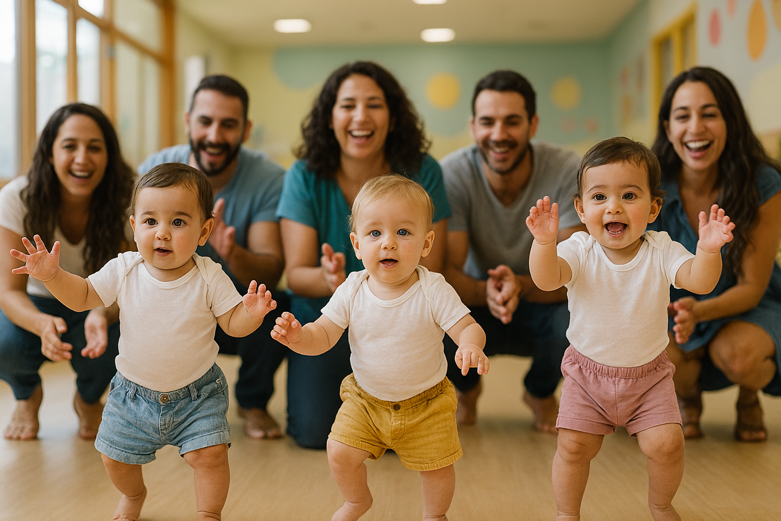 תינוקות צועדים את צעדיהם הראשונים אל מול הוריהם